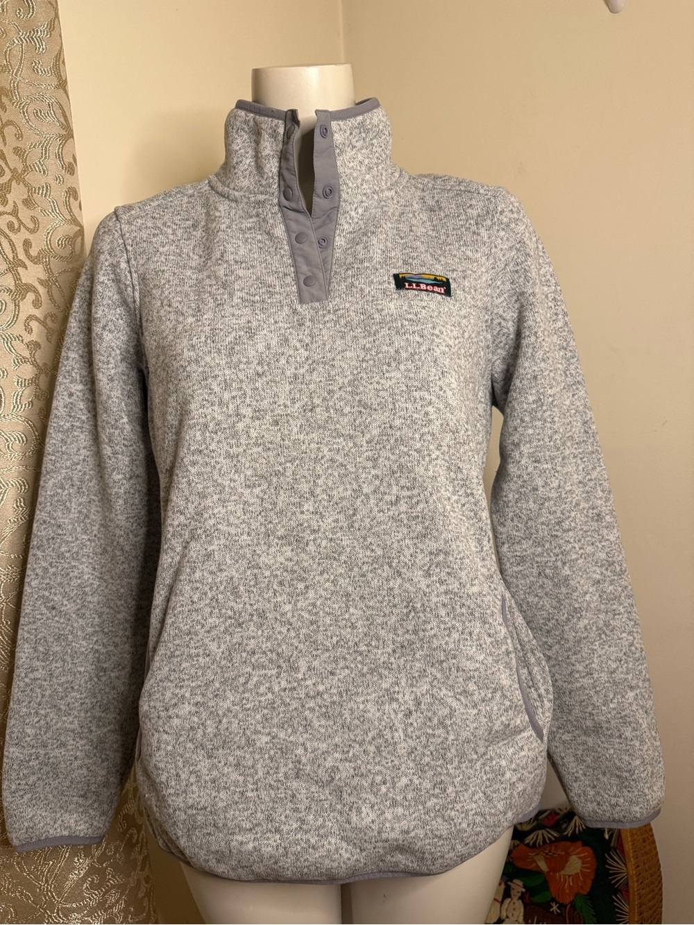 L.L. Bean Gray Heather Snap-Placket Fleece Pullover